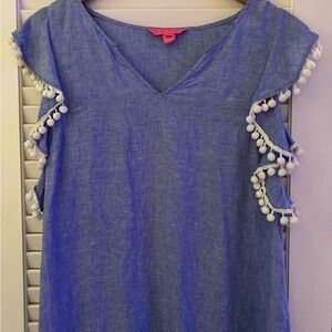 Lilly Pulitzer Blue Blouse with White Pom-Pom Trim